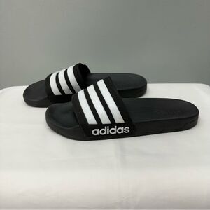 Adidas cloudfoam triple stripe black and white slides slip ons sandals‎ men's 10